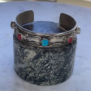Sterling silver, turquoise and coral cuff bracelet